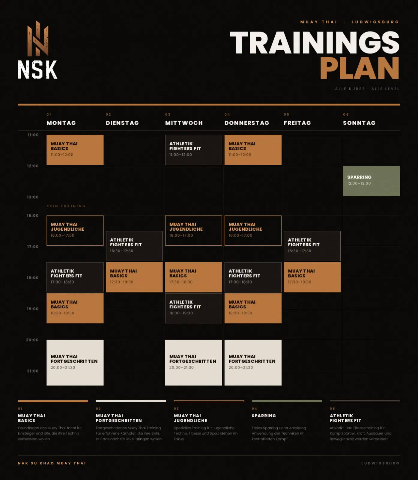 Trainingsplan des NSK Muay Thai mit allen Kursen von Montag bis Sonntag